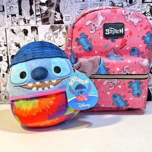 Stitch & Angel Bioworld Pink Backpack and a 7” Stitch Squishmallow Gift Bundle